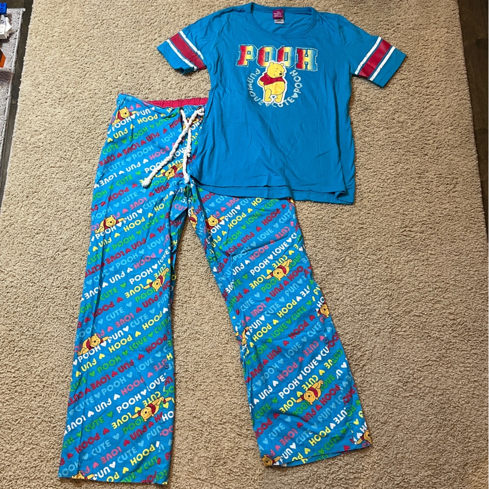 Women's Medium M The Wonderful World Of Disney Pooh Bear Pj Set Blue Pyjamas